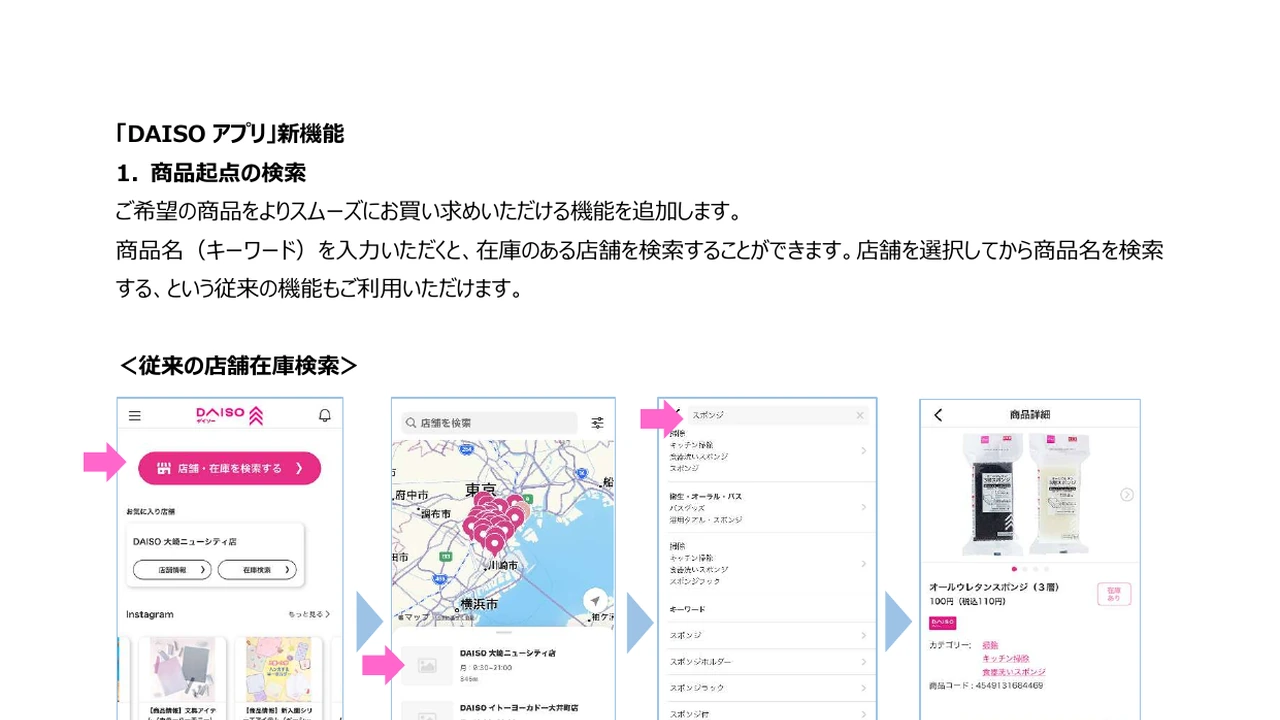 DAISOアプリで商品名から店舗在庫を検索する手順